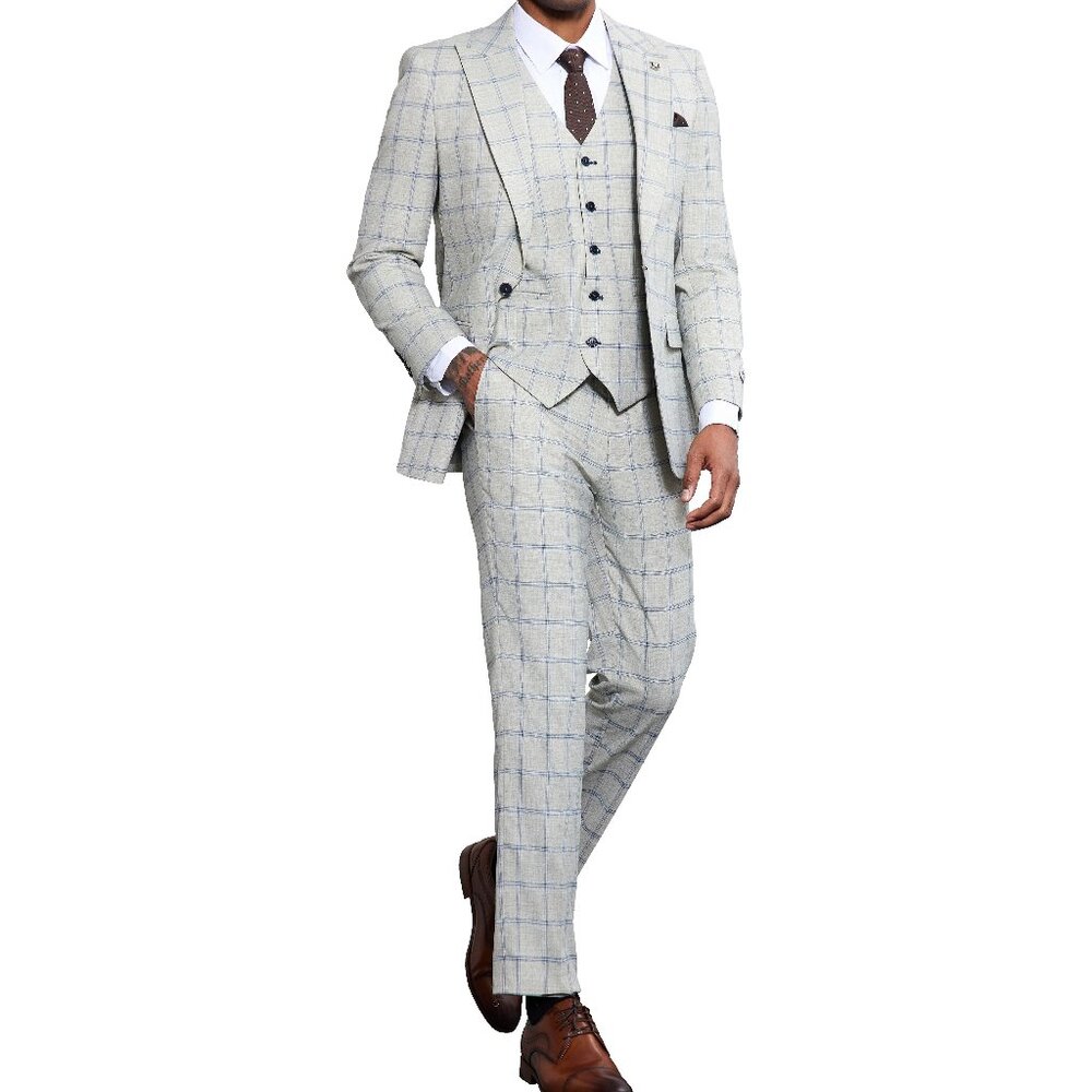 Light Grey Windowpane 3 Piece Stacy Adams Men's Suit